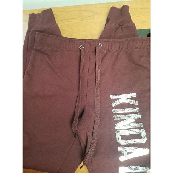 Rue21 Small Burgundy sweatpants with"Kinda Don't Care" in silver sequins down t - Picture 2 of 6